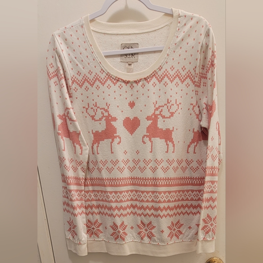 Chaser Reindeer Holiday Sweatshirt Size L, Cream and Light Red Colors
